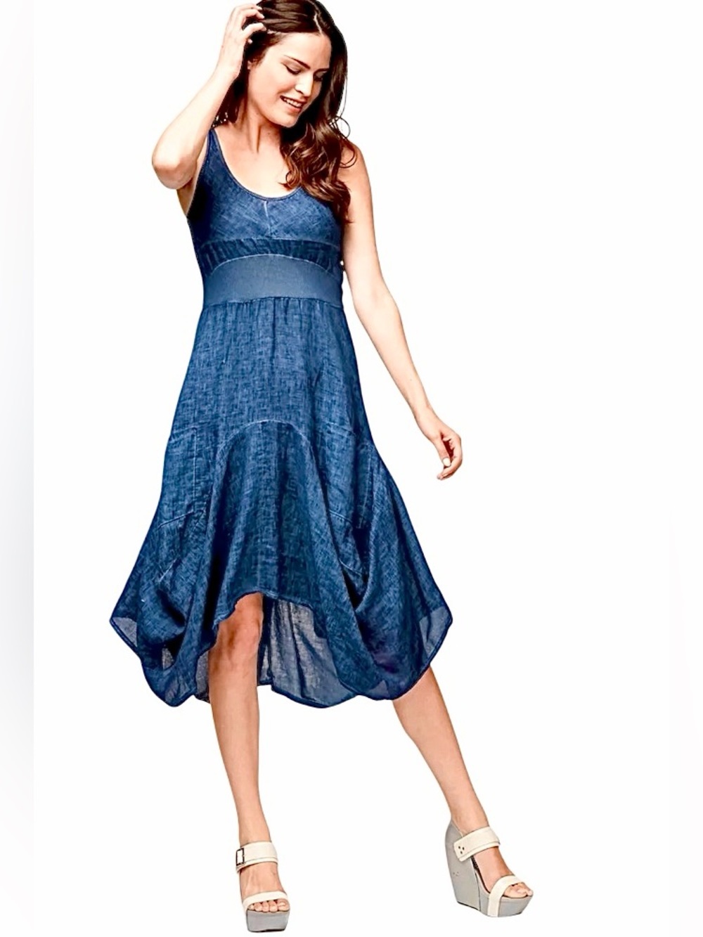 Inizio – Magic 2 Pocket Sleeveless Linen Dress Blue Lagenlook Bubble – Sz. XL